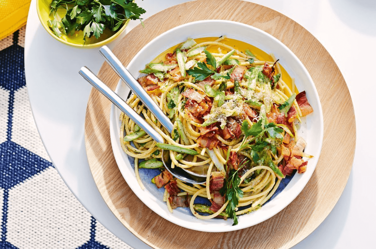 Pasta with Pancetta, La Dame & Asparagus