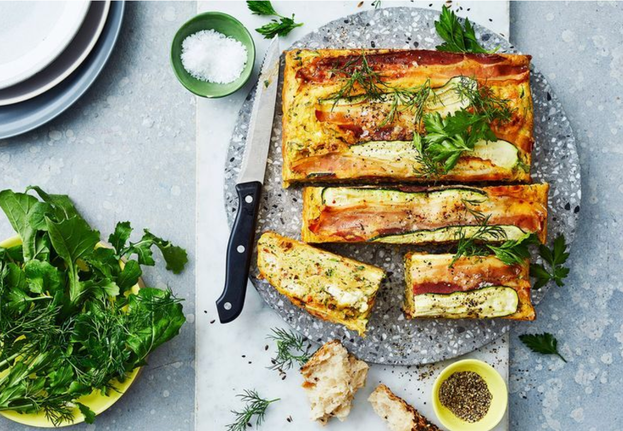 Zucchini and goat's cheese slice with pancetta